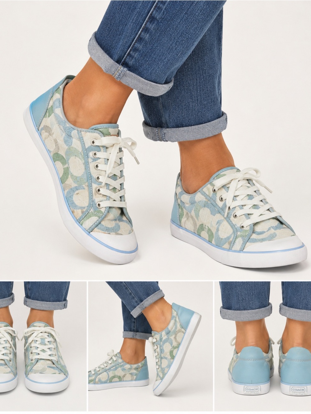 Coach Women's Light Blue and Cream Signature Lace-Up Sneakers size 8.5B